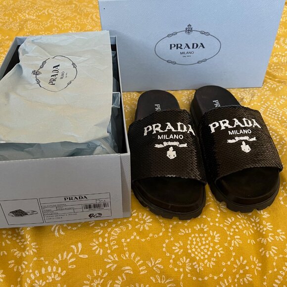 Prada Sequin Logo Sandals/Slides - Picture 1 of 3